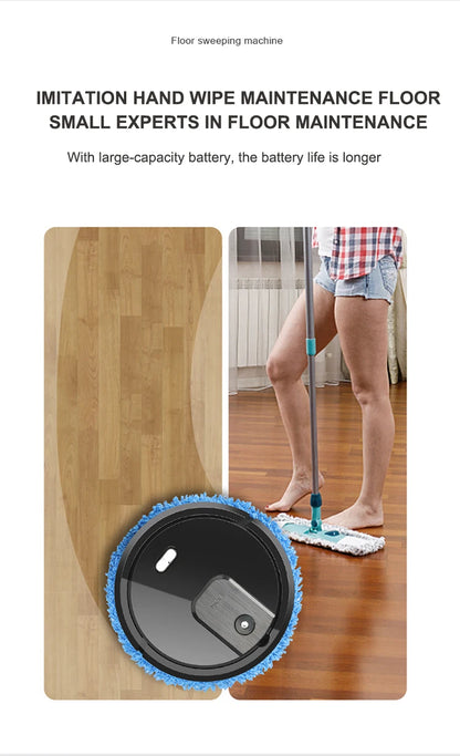 R.E.D. Shopping smart sweeping and mop robot with humidifying spray cleaning a hardwood floor, compact home appliance for automatic floor cleaning.
