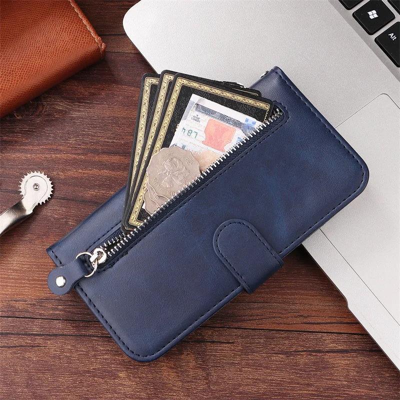 Red iPhone 16 Plus zipper wallet case with card slots, magnetic stand, leather cover, designed for mobile phone protection and style.