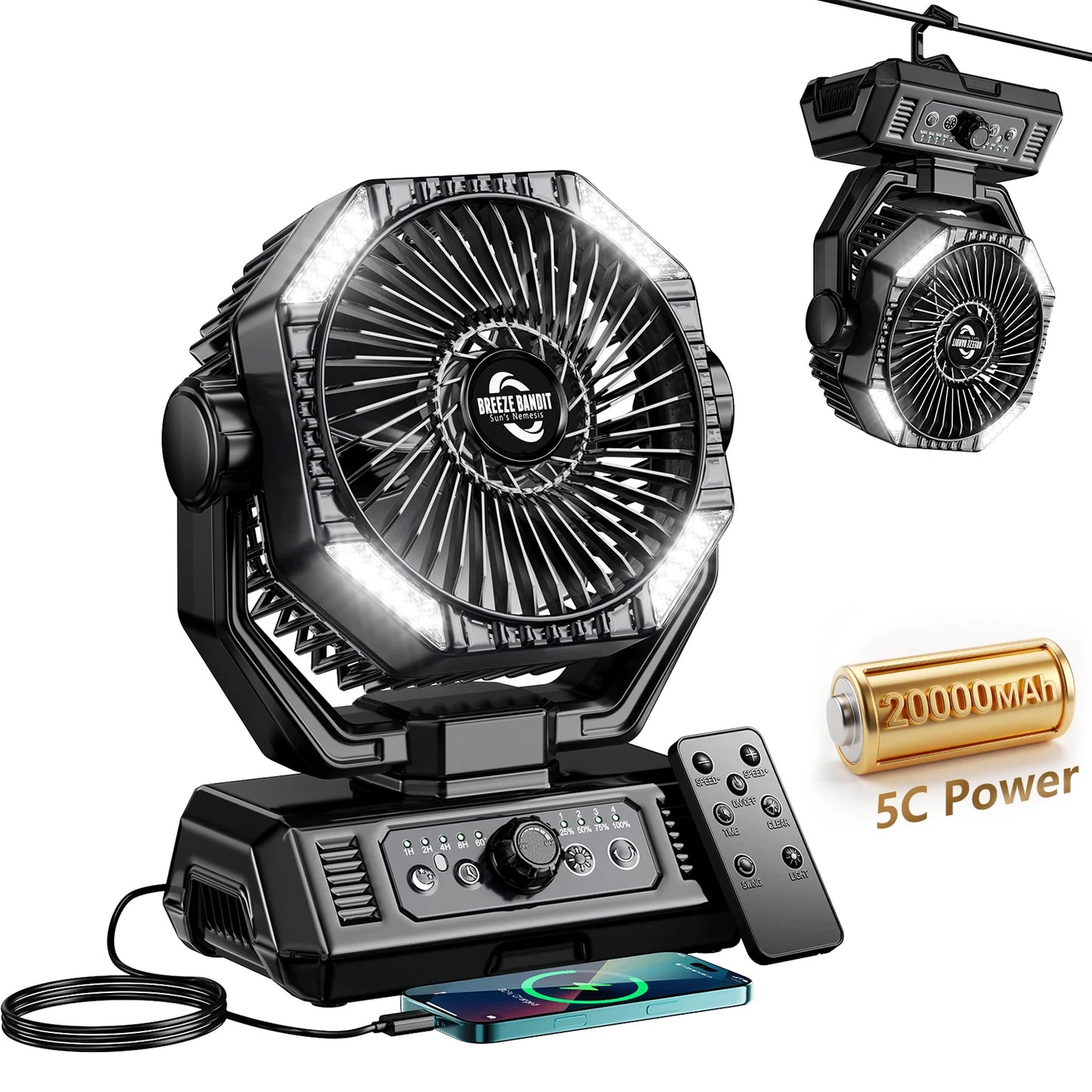coldSky Portable Camping Fan | Rechargeable, 3 Speeds, LED Light, Hanging Hook