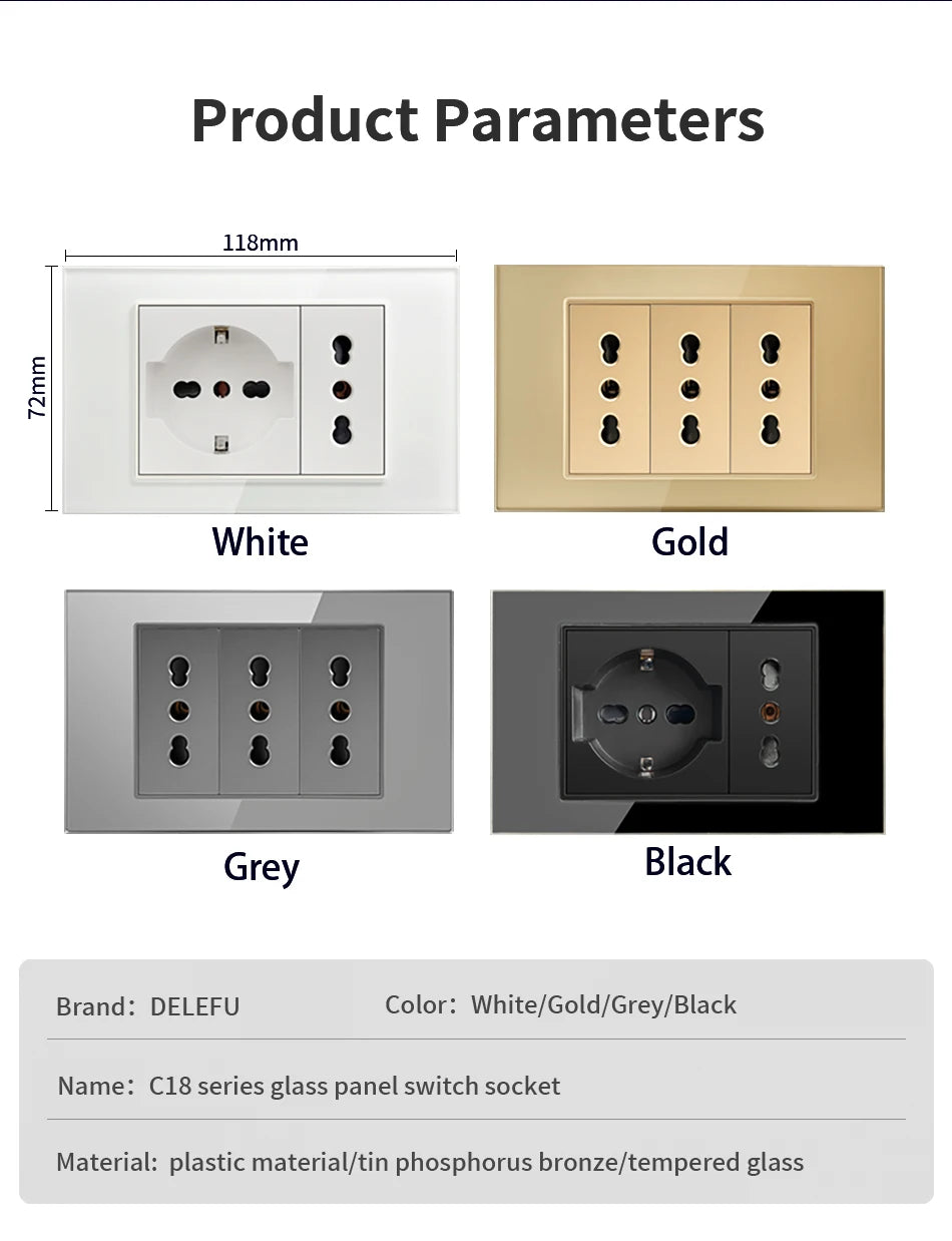 DELEFU Black Tempered Glass Wall Socket – USB Type-C Fast Charging Schuko & Italy