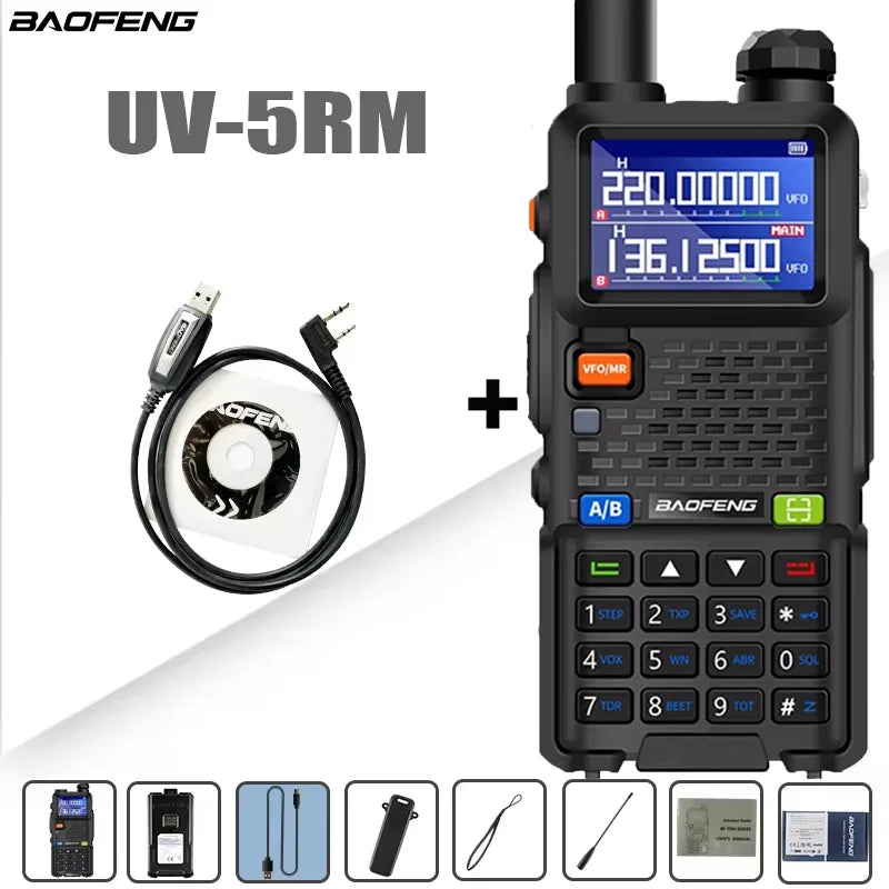 Baofeng UV-5RM walkie talkie with four-band radio, large 3800mAh battery, and multiple channel options.
