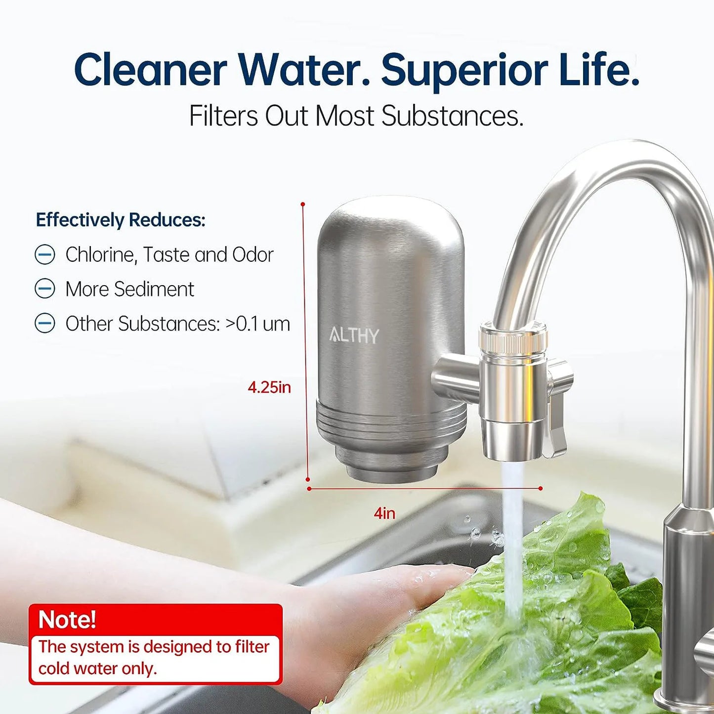 ALTHY Stainless Steel Faucet Water Filter – NSF Certified, Reduces Lead, Chlorine & Bad Taste