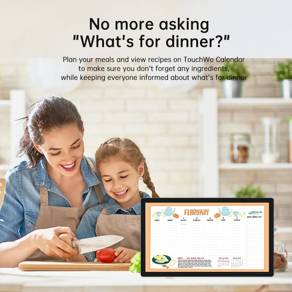 TouchWo 15.6 to 43-inch smart digital calendar and chore chart display by R.E.D. Shopping, showing family organization and scheduling features.
