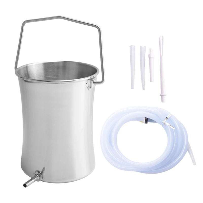 Stainless steel 2L enema kit with hose and nozzle, used for personal cleansing and constipation relief, in a health and personal care setting.