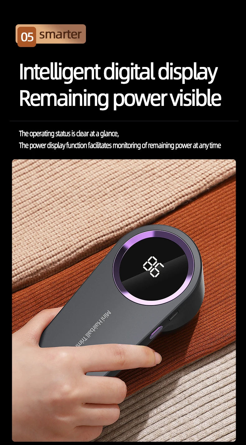 Electric Lint Remover — Smart LED Digital Display, USB Charging, Portable Fabric Hair Ball Trimmer