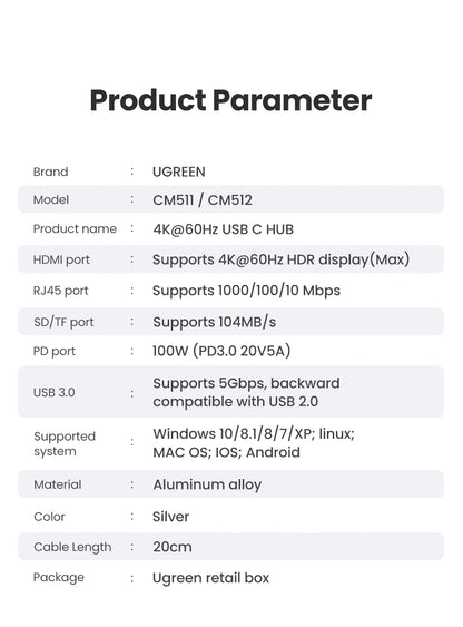 UGREEN CM512 7-in-1 USB-C Hub – 4K60Hz HDMI, PD100W, 5Gbps USB3.0, SD/TF, RJ45, MacBook & Laptop