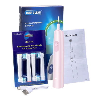 Round Rotating Electric Toothbrush – 5 Modes, 2 Timers, 4 Heads, Teeth Whitening