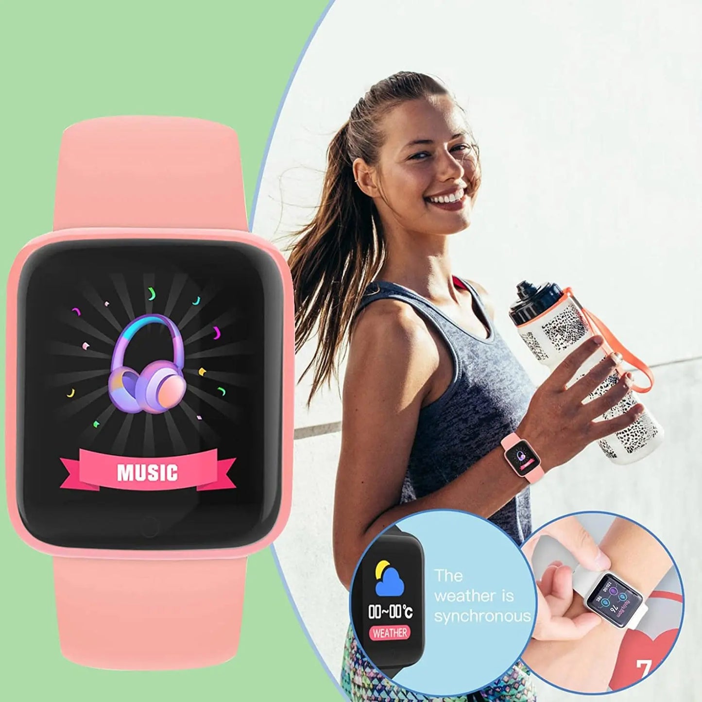 R.E.D. Shopping Y68/D20 smartwatch showing digital display with fitness tracking, sleep monitor, and music control features.