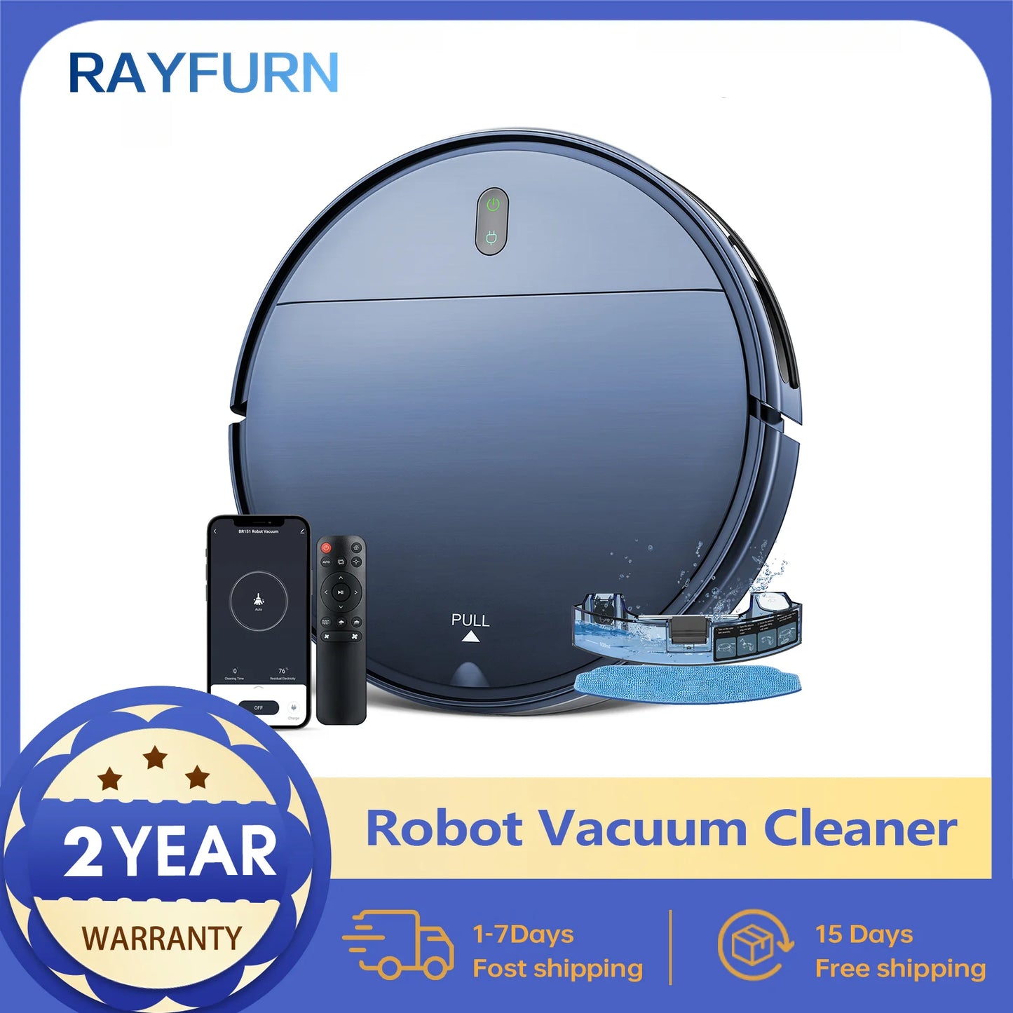 RAYFURN robot vacuum cleaner with 6000Pa suction, auto charging, and mopping feature for efficient home cleaning.