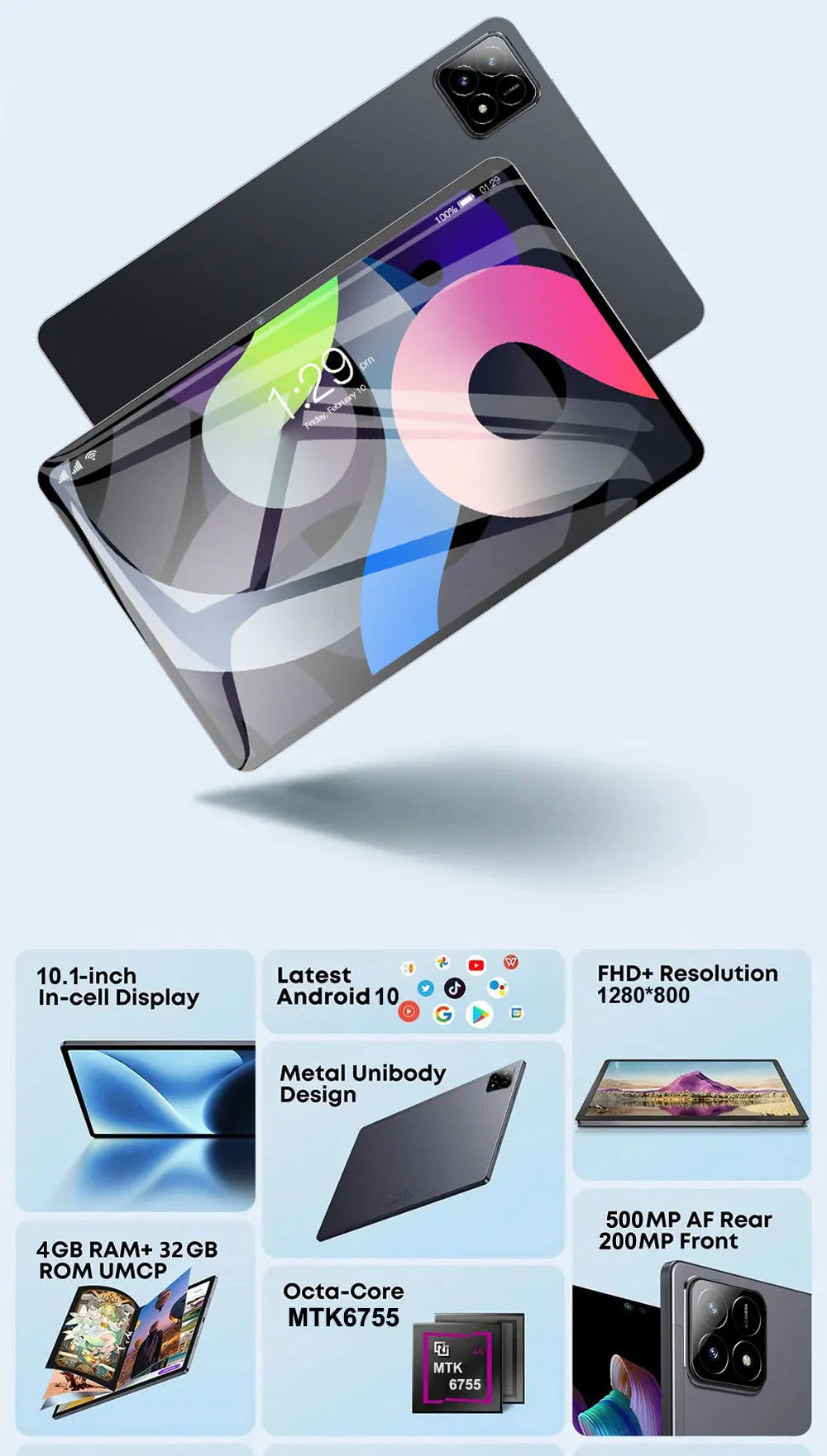 Android Tablet 10.1" | 4GB+32GB | Dual SIM 4G | 4000mAh | WiFi | With Optional Keyboard