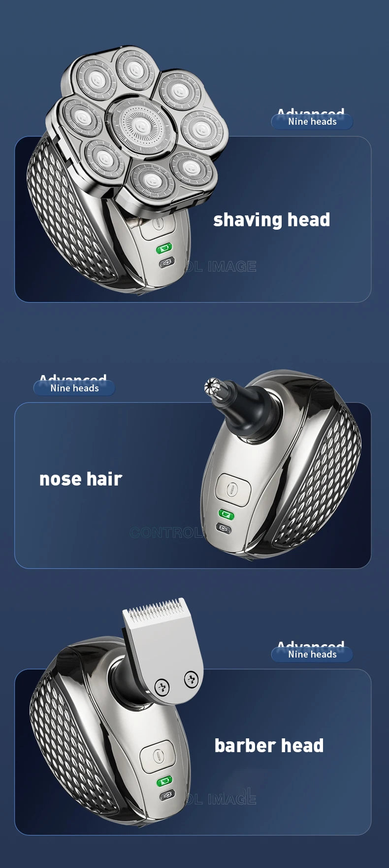 Men's Bald Head Shaver 6-in-1 | 9 Floating Blades | Beard, Nose & Ear Trimmer | Rechargeable