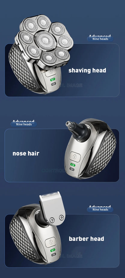 Men's Bald Head Shaver 6-in-1 | 9 Floating Blades | Beard, Nose & Ear Trimmer | Rechargeable