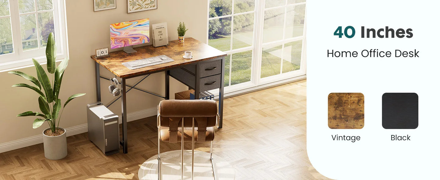 JHK Computer Desk with 2 Fabric Drawers | 40" & 47" Reversible Storage