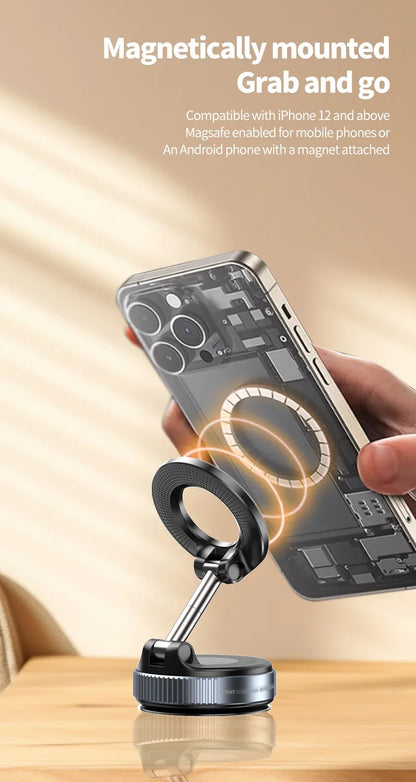 Rotating Folding Magnetic Phone Holder | Vacuum Suction MagSafe Stand for Car, Gym & Kitchen