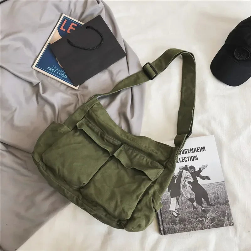 Large Canvas Messenger Bag - Multi-Pocket Hip Hop Style Shoulder Bag