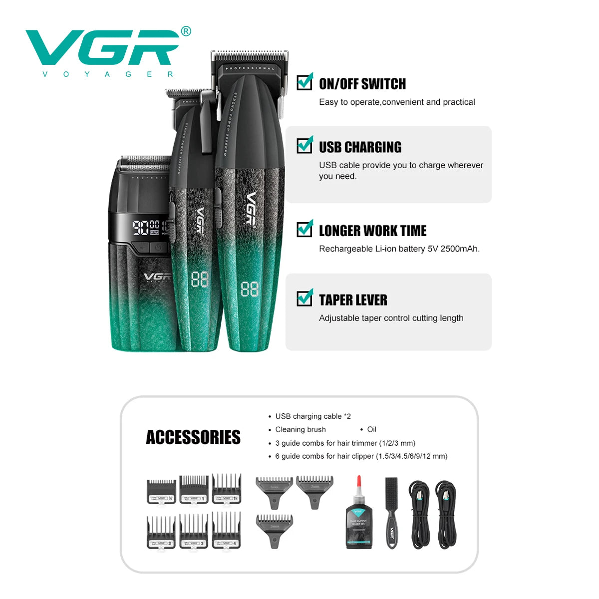 VGR V-640 Professional Hair Clipper | 9000 RPM | Cordless | Metal Body | Men's Trimmer