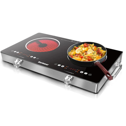 Karinear Ceramic Hob 2 Zones 3200W – Safety Lock, Knob & Touch Control, 56cm Freestanding, 240V