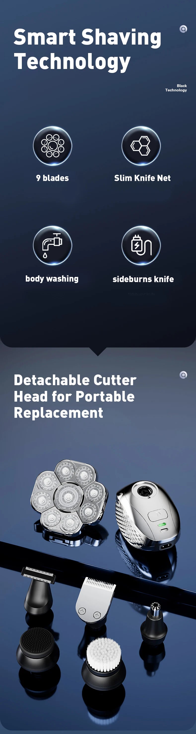 Men's Bald Head Shaver 6-in-1 | 9 Floating Blades | Beard, Nose & Ear Trimmer | Rechargeable