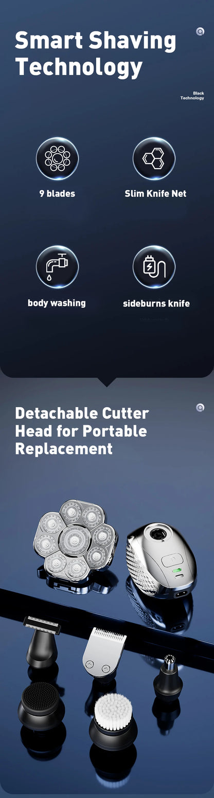 Men's Bald Head Shaver 6-in-1 | 9 Floating Blades | Beard, Nose & Ear Trimmer | Rechargeable
