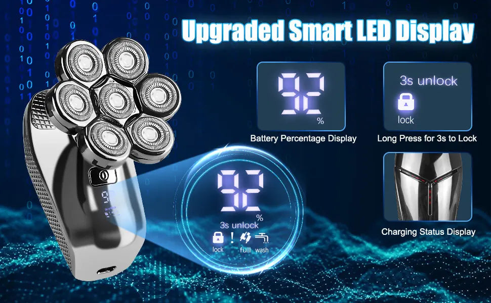 DUTRIEUX 5-in-1 7D Head Shaver for Men – Cordless, Wet & Dry, LED Display, Waterproof, Grooming Kit