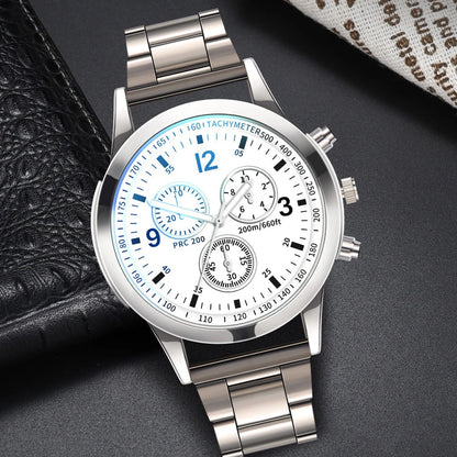 Men’s quartz business watch with steel band, paired with matching bracelet set, stylish accessory for professional attire.