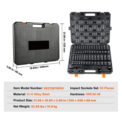 SucceBuy 1/2" Drive Impact Socket Set – 6-Point CR-V Steel for Auto Repair