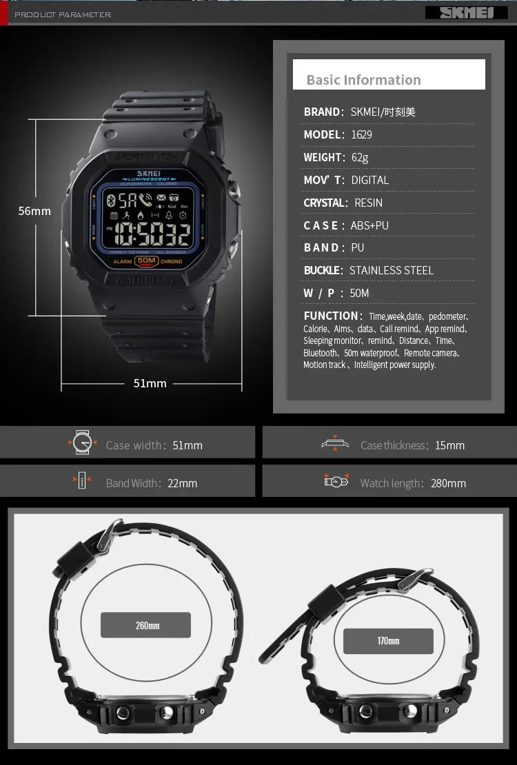 SKMEI 1629 Bluetooth Sport Digital Watch – Pedometer, Calorie Tracker for iPhone, Huawei, Xiaomi