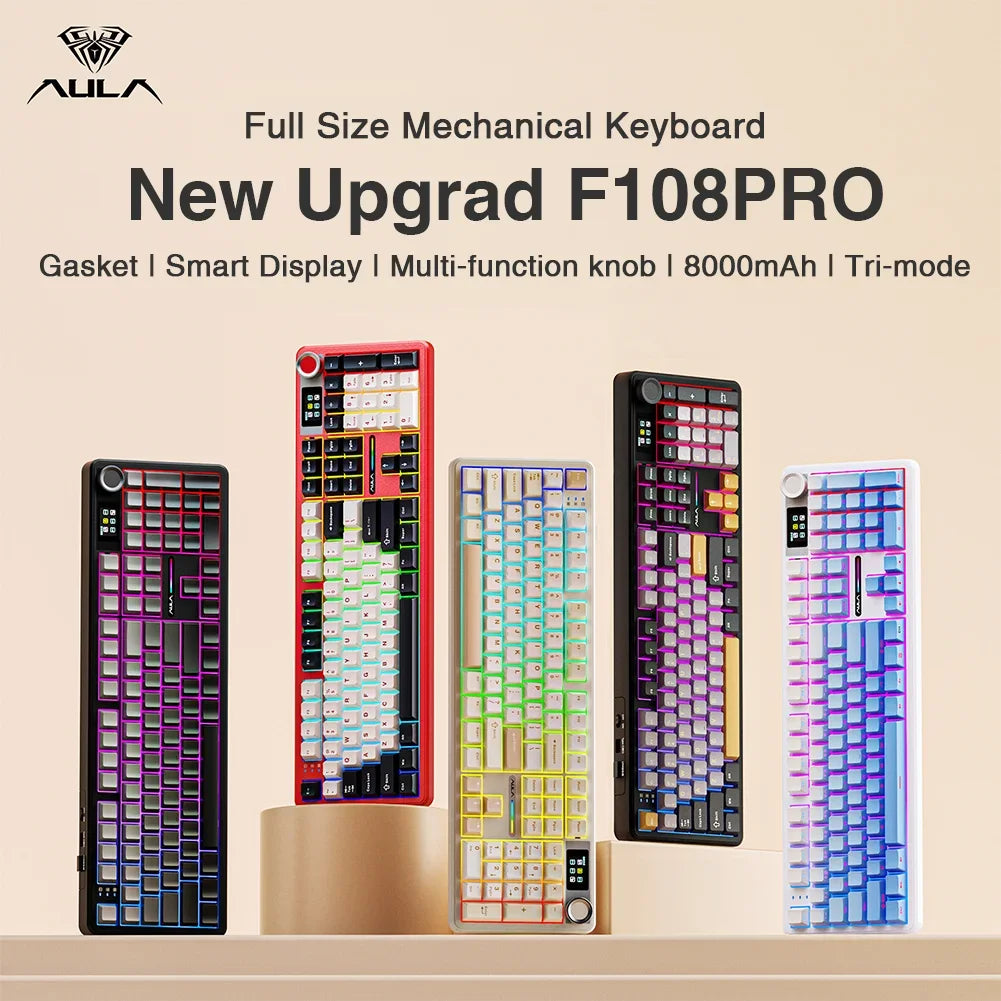 AULA F108Pro Wireless Mechanical Keyboard – Bluetooth, Gasket, Hot-Swap, TFT Display, RGB, 98 Keys