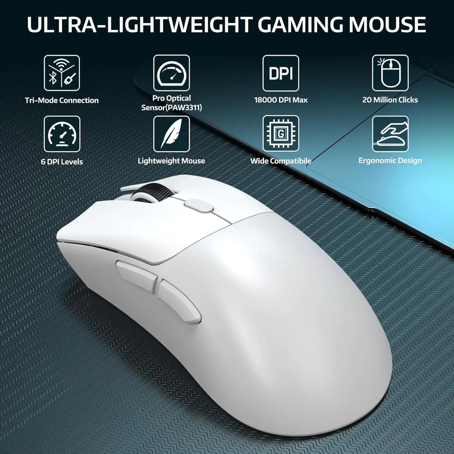 Attack Shark R1 Wireless Gaming Mouse – 18K DPI, 55g, Tri-Mode (2.4G/BT5.2/Wired), 20M Clicks