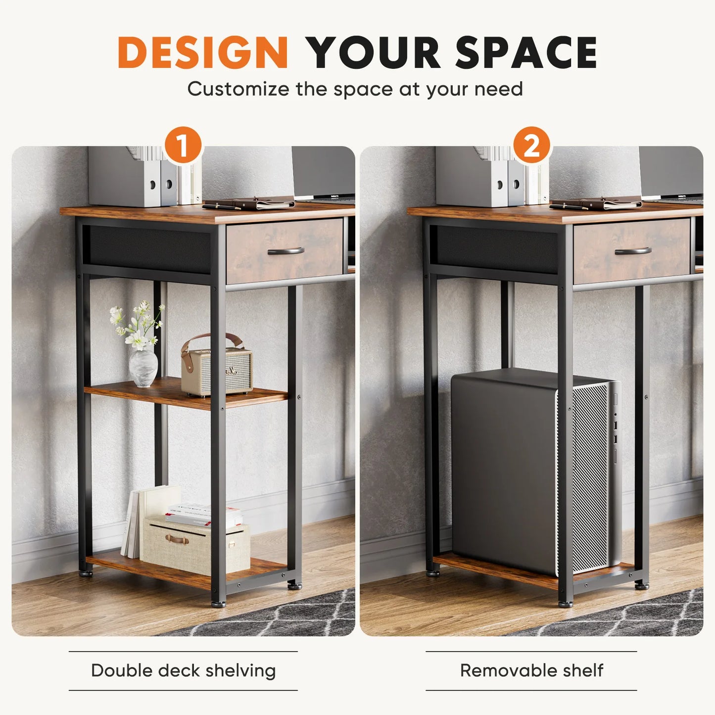 JHK 48" Gaming Desk with Fabric Drawers & Storage Shelves – Metal Frame Home Office