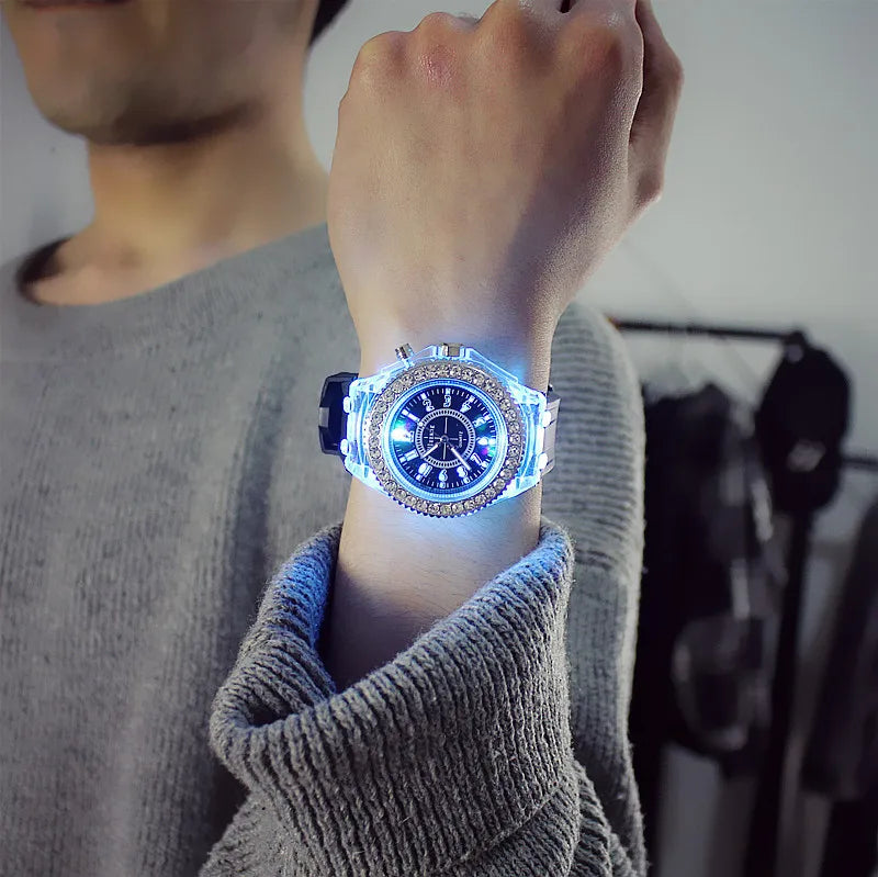 LED flash luminous silicone wristwatch with rhinestones, suitable for kids and adults, featuring bright light display and colorful design.