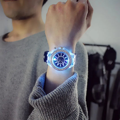 LED flash luminous silicone wristwatch with rhinestones, suitable for kids and adults, featuring bright light display and colorful design.