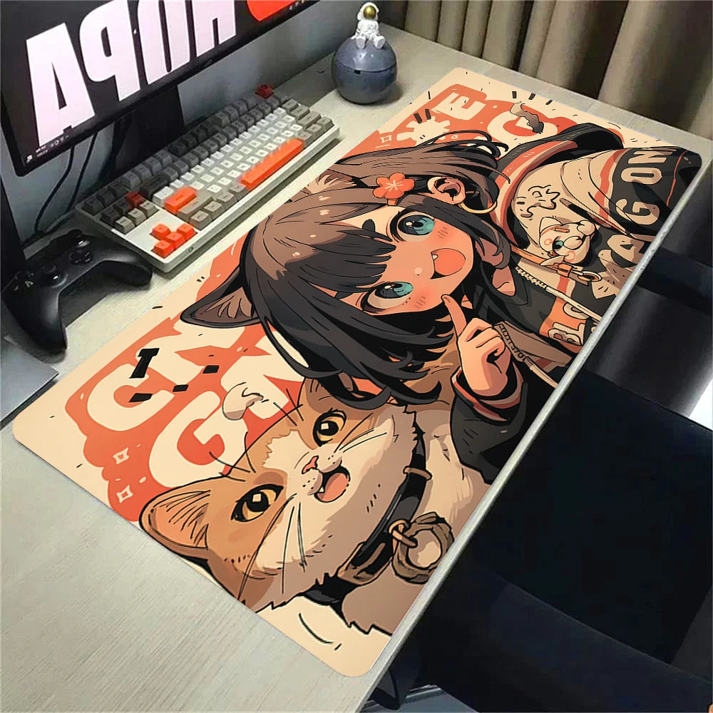 Kawaii Girls & Cat Graffiti Deskmat 900x400 – Anime Gaming Mouse Pad, Waterproof, Non-Slip