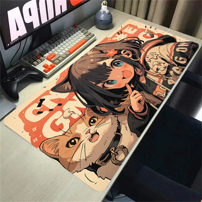 Kawaii Girls & Cat Graffiti Deskmat 900x400 – Anime Gaming Mouse Pad, Waterproof, Non-Slip
