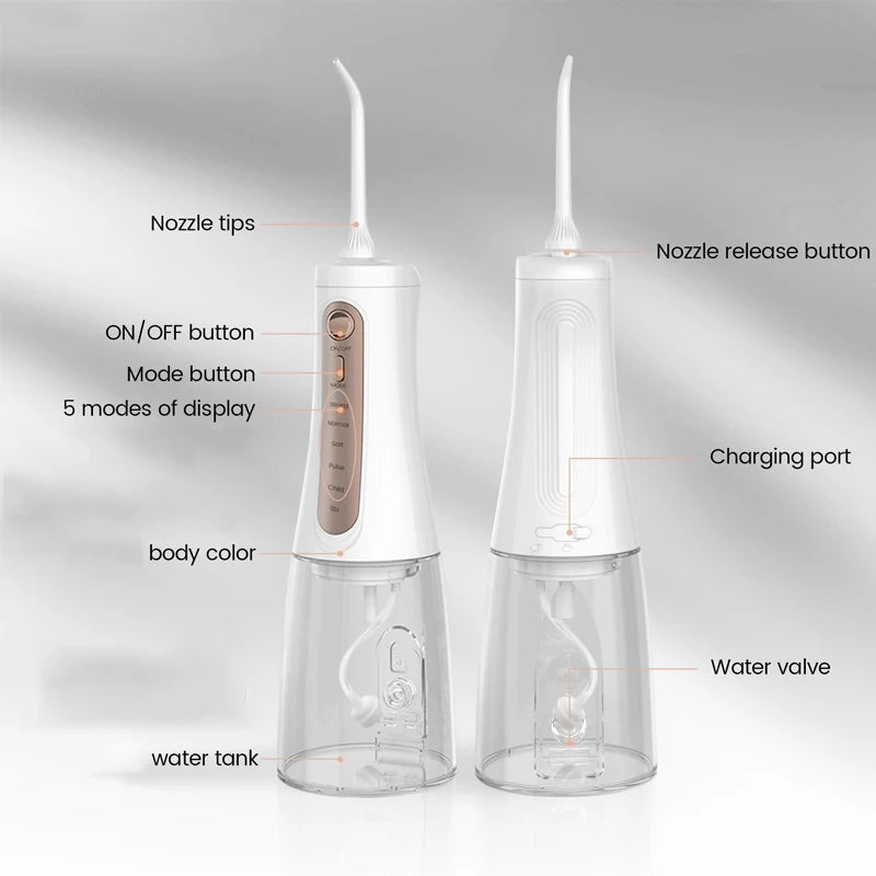 Oral Irrigator Water Dental Flosser – 350ml, 5 Modes, IPX7, 6 Nozzles, Rechargeable