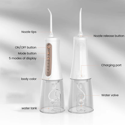 Oral Irrigator Water Dental Flosser – 350ml, 5 Modes, IPX7, 6 Nozzles, Rechargeable