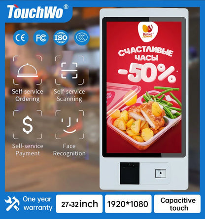 TouchWo 27-32 inch touchscreen kiosk by R.E.D. Shopping for ticketing, payments, and ordering with Windows and Android options.