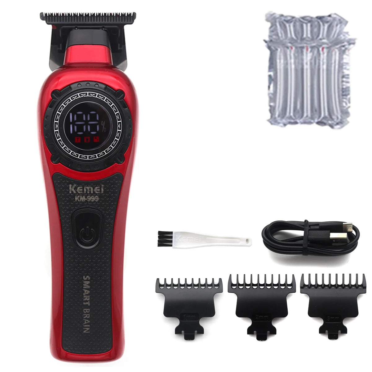 Kemei KM-999 Professional Hair Trimmer – DLC T-Blade, Zero Gap, LED Display, Cordless USB Clipper