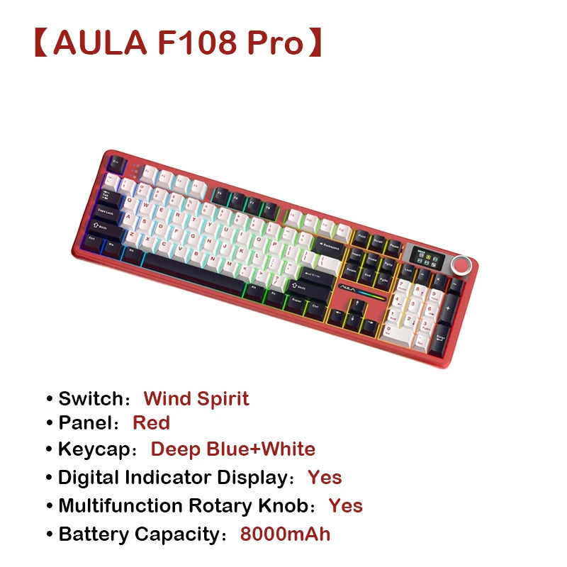 AULA F108Pro Wireless Mechanical Keyboard – UK Layout, Bluetooth Tri-Mode, Gasket, Hot-Swap, RGB, 104 Keys