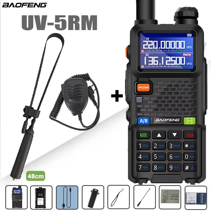 Baofeng UV-5RM four-band walkie talkie with 999 channels and 3800mAh battery, shown with buttons and display screen.