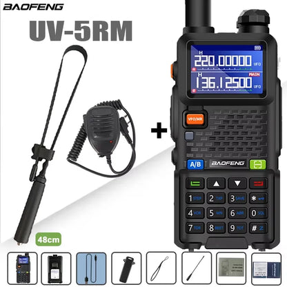 Baofeng UV-5RM four-band walkie talkie with 999 channels and 3800mAh battery, shown with buttons and display screen.