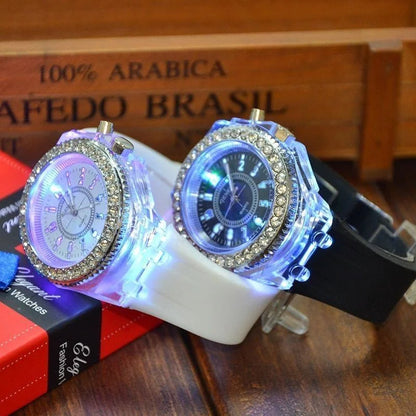 LED Flash Luminous Watch by R.E.D. Shopping featuring rhinestone accents and silicone strap, suitable for kids and adults.
