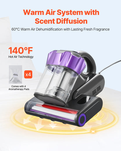 SucceBuy Mattress Vacuum Cleaner – 18Kpa, Dual Dust Bin, HEPA Filter, Heating & Ultrasound, Handheld for Bed & Sofa