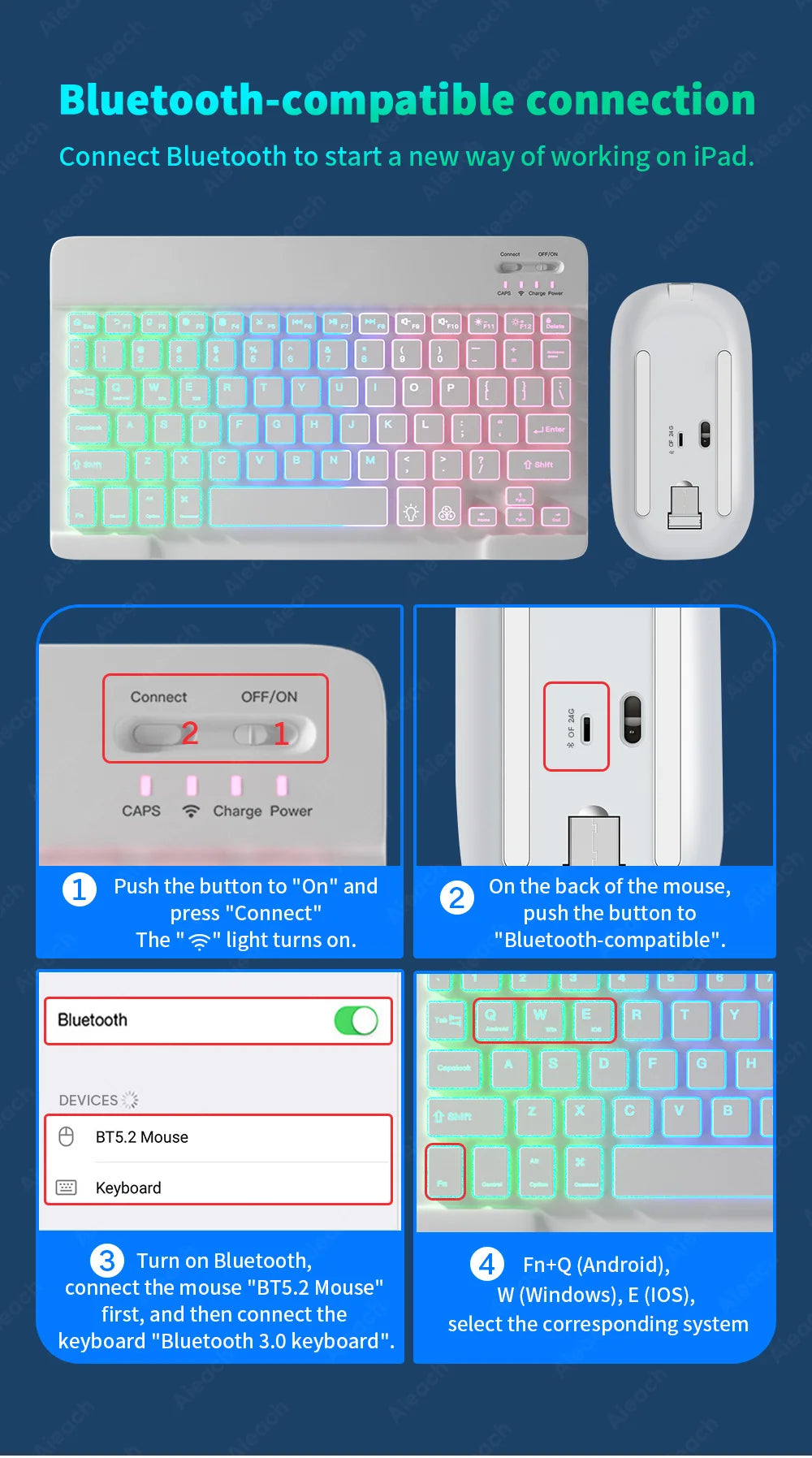 Wireless Bluetooth Keyboard with Rainbow Backlit – Tablet, iPad, Phone, Android, iOS, Windows