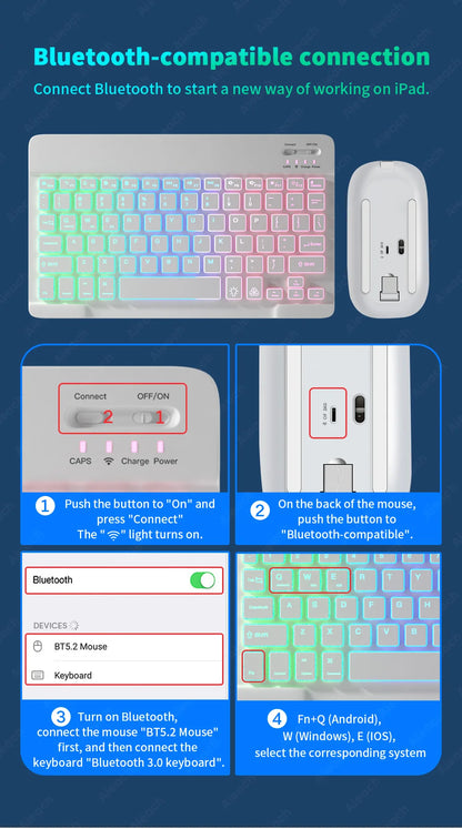 Wireless Bluetooth Keyboard with Rainbow Backlit – Tablet, iPad, Phone, Android, iOS, Windows