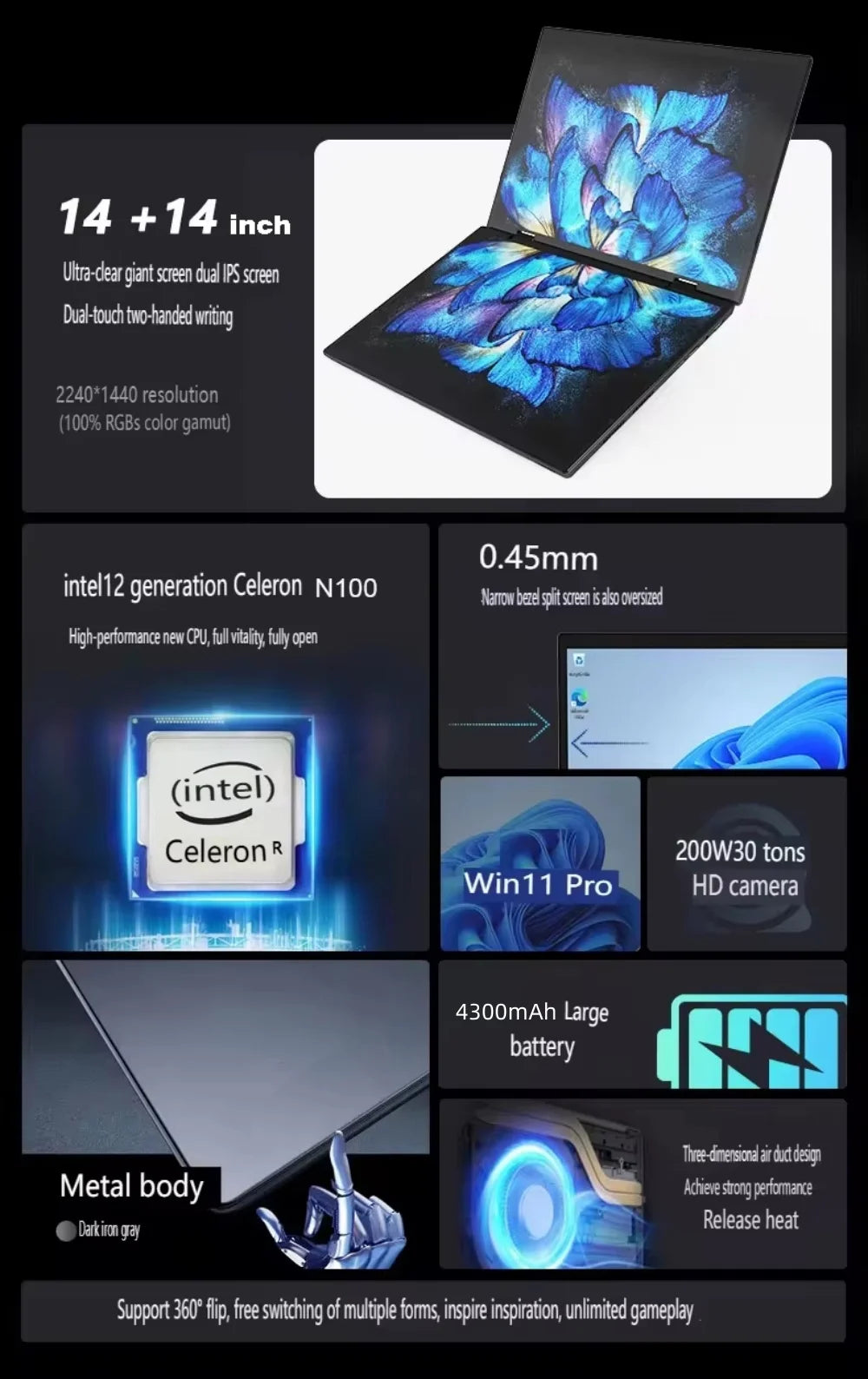 Intel N100 dual-screen laptop with 14-inch 2K touch display, 32GB RAM, 360-degree flip metal case, 2-in-1 design, R.E.D. Shopping.