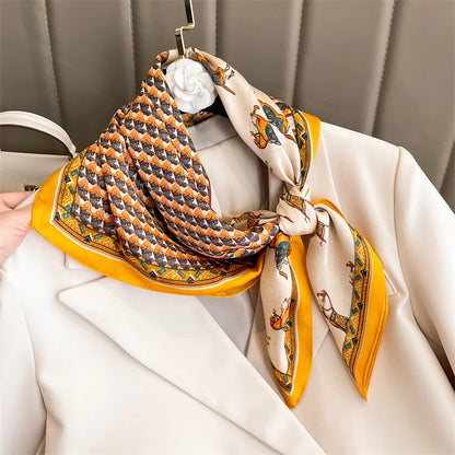 Elegant square silk scarf by R.E.D. Shopping, styled as a women's hairband and neck shawl, featuring vibrant patterns and smooth fabric.