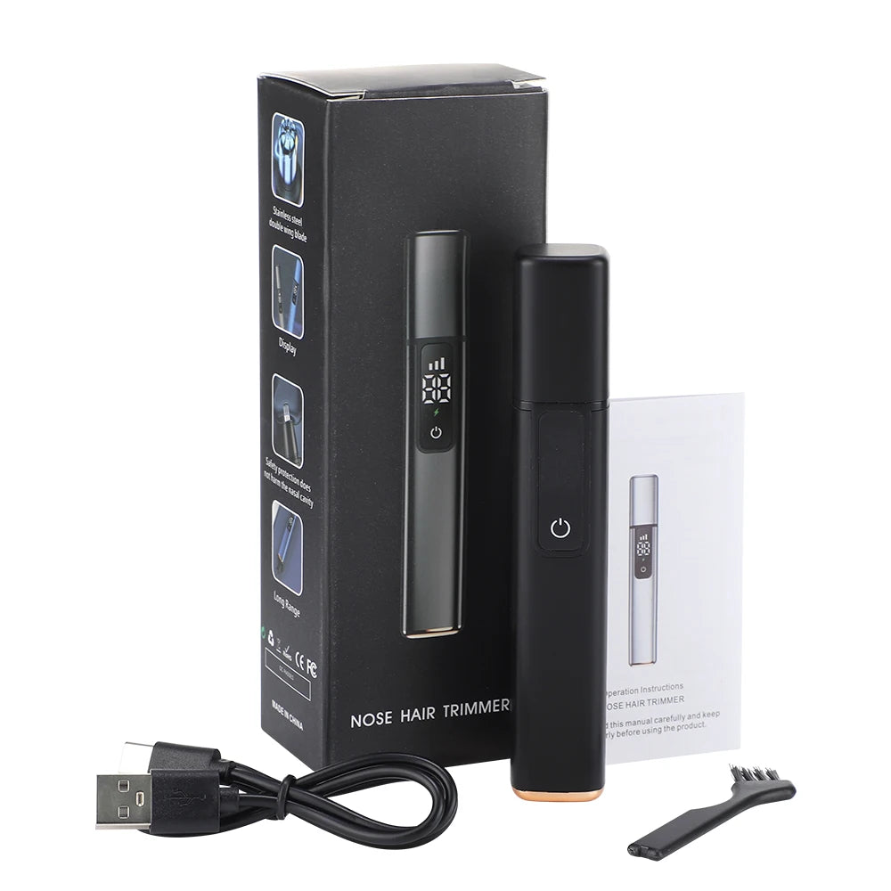 Rechargeable electric nose hair clipper with stainless steel blades, washable unisex trimmer for eyebrows, lips, and grooming.