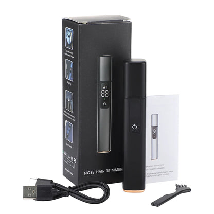 Rechargeable electric nose hair clipper with stainless steel blades, washable unisex trimmer for eyebrows, lips, and grooming.