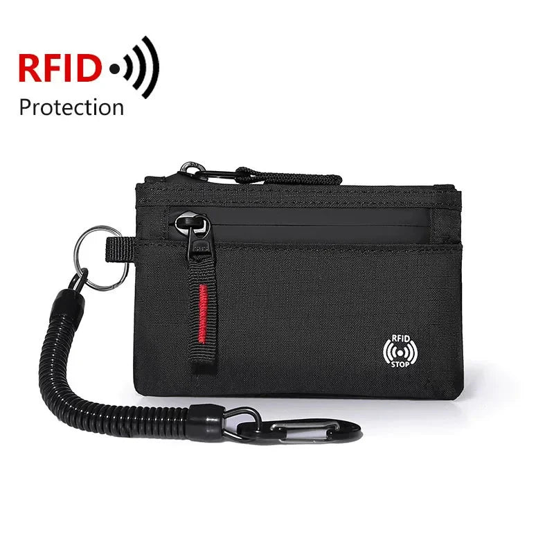 RFID Nylon Mini Wallet with Zipper & D-Ring Clip